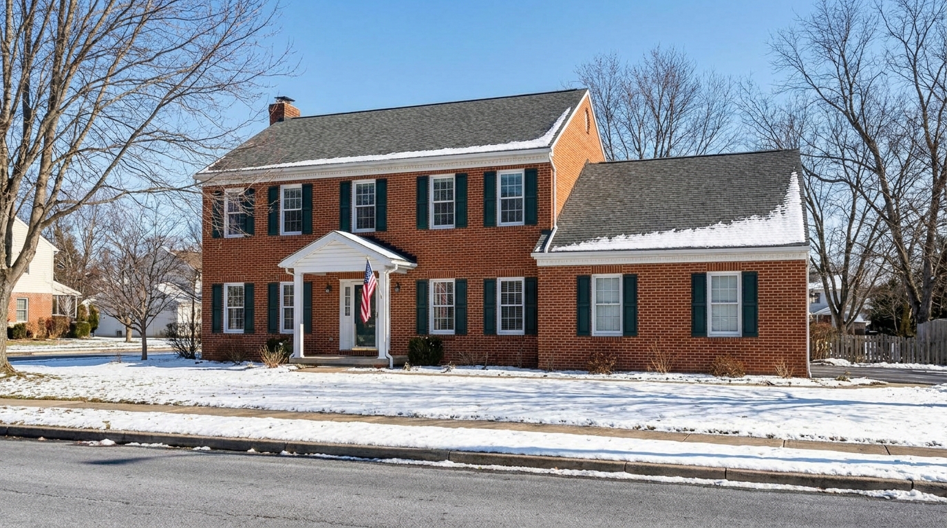 Snow-covered residential roof on a Hanover Pennsylvania home in winter