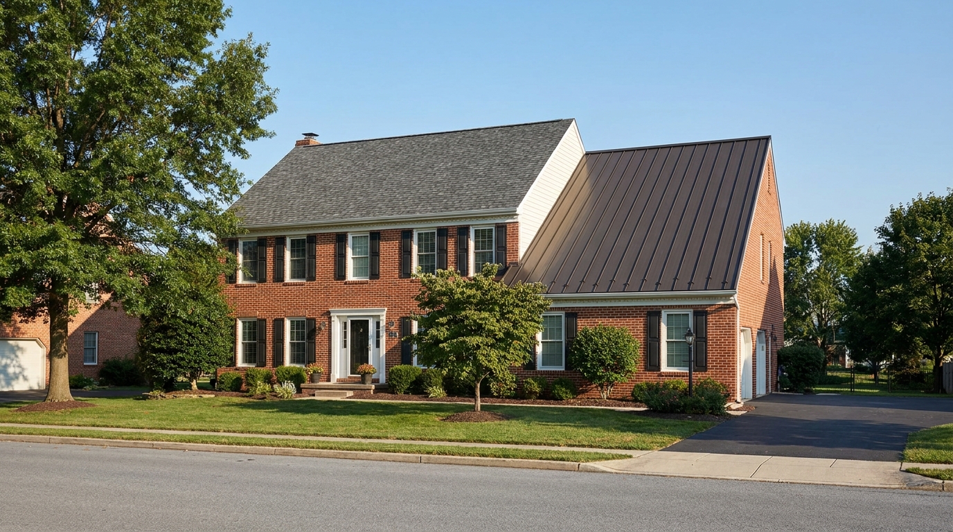 Close-up comparison of a metal standing seam roof panel next to asphalt shingles on a Gettysburg PA home