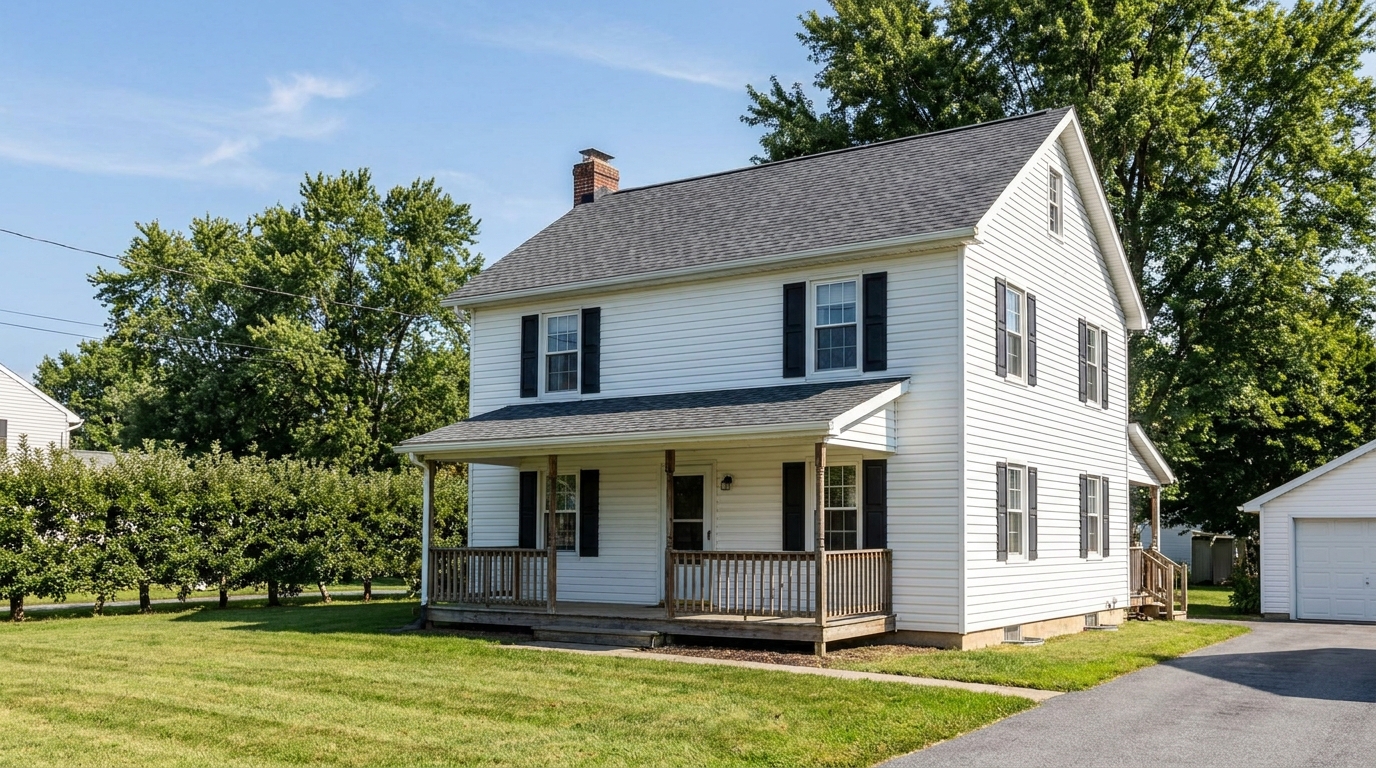 White farmhouse with charcoal asphalt shingle roof beside an apple orchard in Biglerville, Adams County Pennsylvania