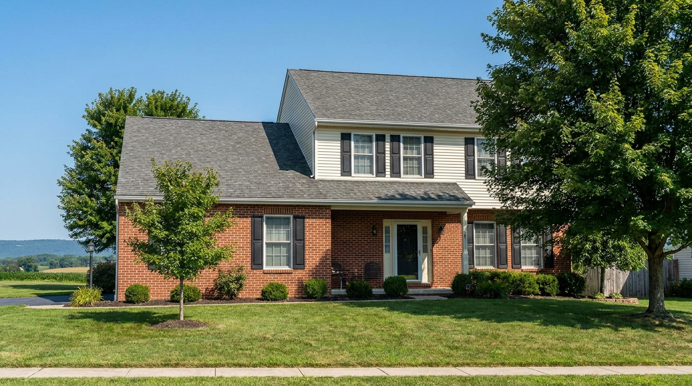 Weathered asphalt shingle roof on an Adams County, PA home showing wear near the eaves