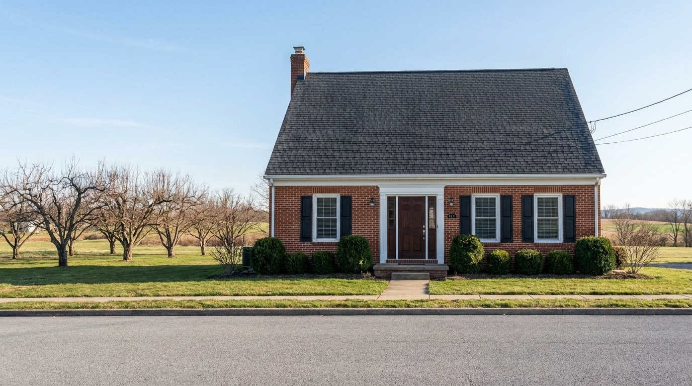 Farmhouse roof with asphalt shingles in Biglerville Pennsylvania orchard countryside