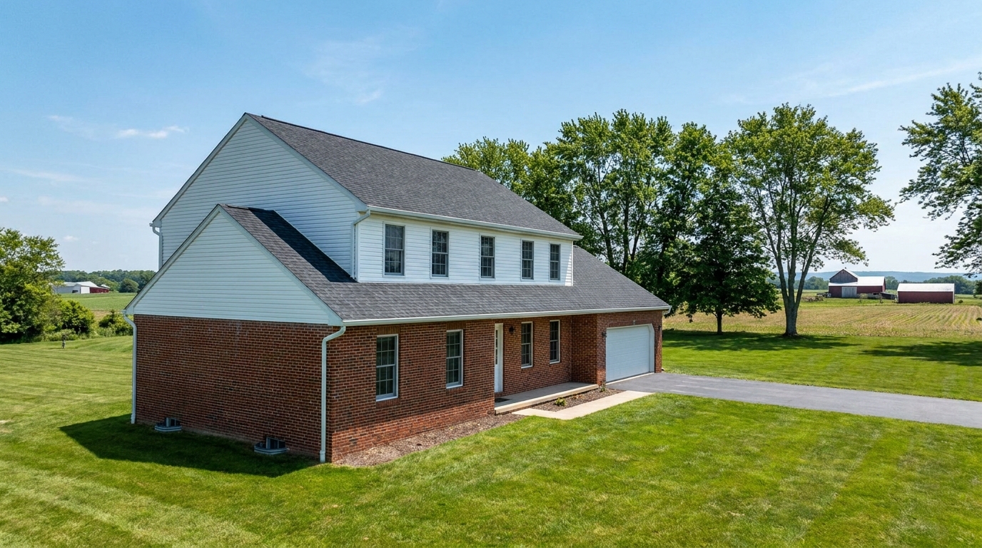 A newly reroofed home with asphalt shingles surrounded by trees in rural York County, Pennsylvania