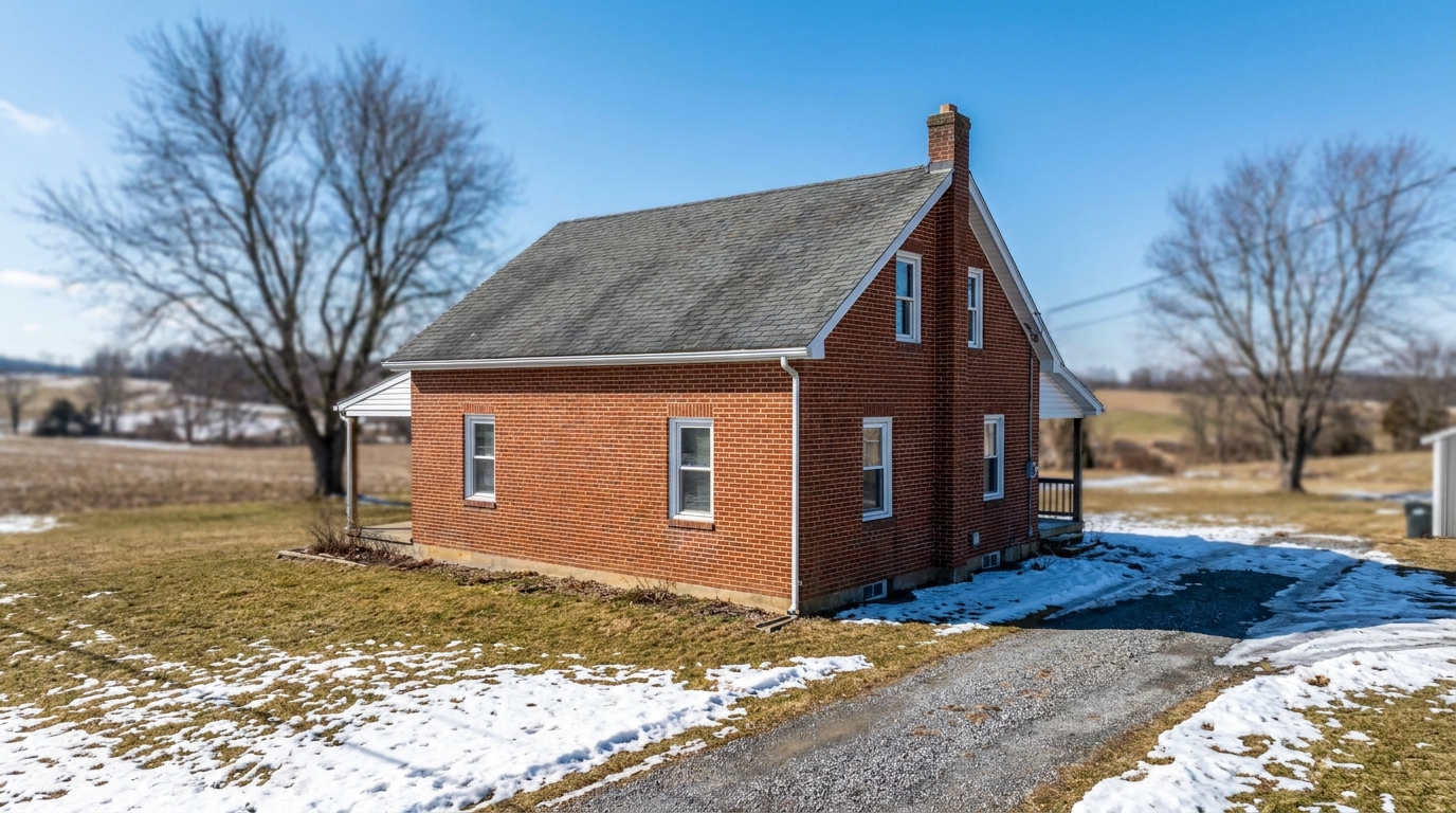 A roofer inspects an aging shingle roof on a rural farmhouse near Delta, Pennsylvania