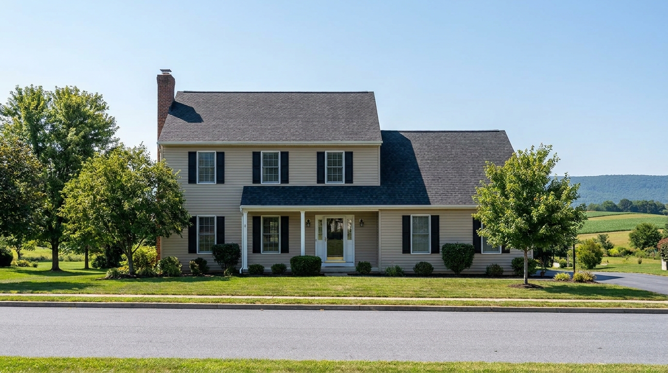 Colonial home with asphalt shingle roof near the South Mountain ridge in Dillsburg, York County Pennsylvania