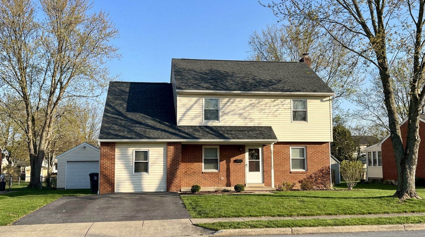 Roofing contractor repairing an asphalt shingle roof on a home in Dover, Pennsylvania