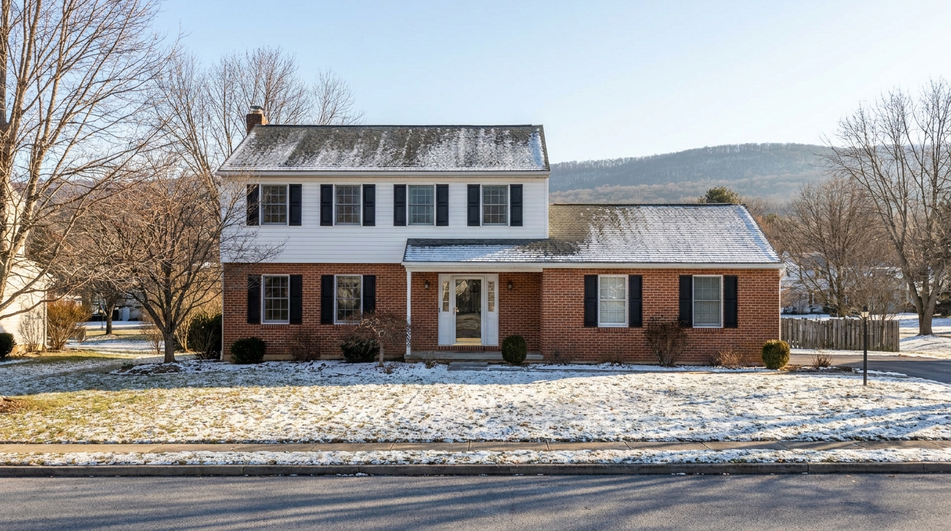 Asphalt shingle roof on an older Fairfield Pennsylvania home under a winter sky near the South Mountain ridge