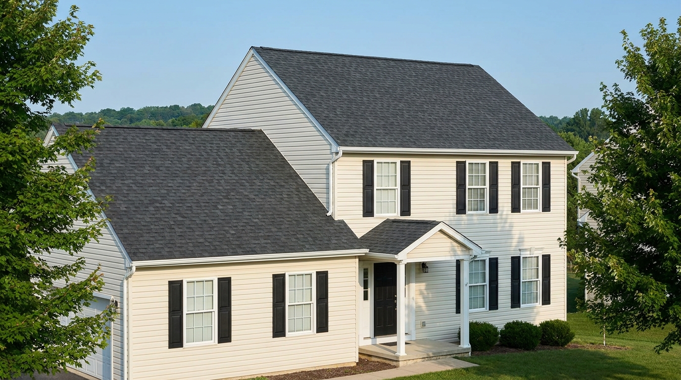 Asphalt shingle roof on a New Freedom, Pennsylvania home under a summer storm sky