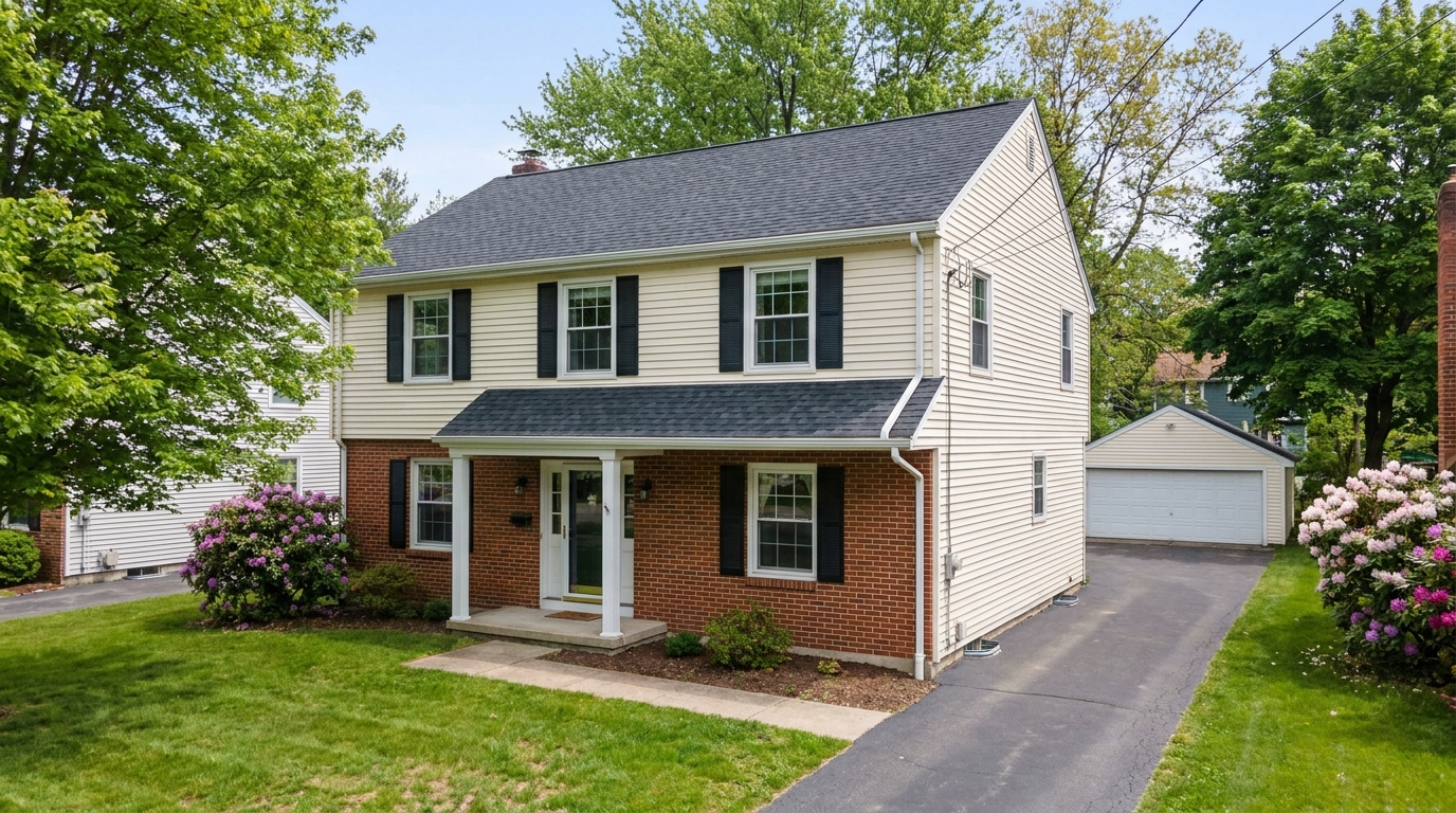 Asphalt shingle roof on a two story home in New Oxford, Pennsylvania under a clear sky