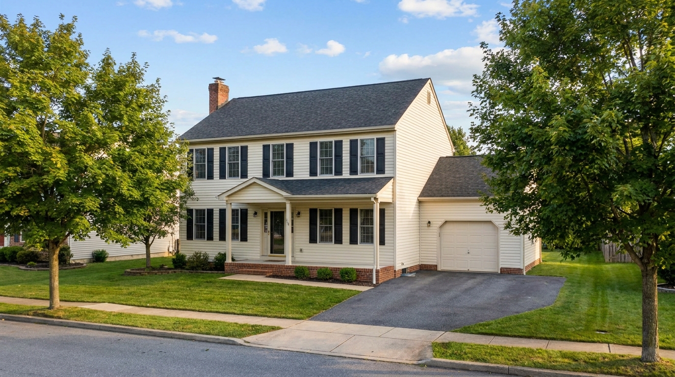 Aerial view of a Spring Grove, Pennsylvania home with a repaired asphalt shingle roof